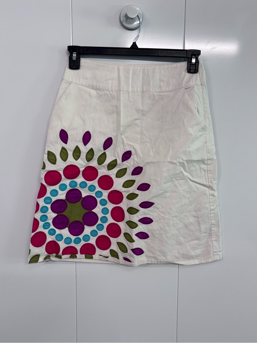 Boden White Skirt 8R Cotton Floral Applique Embroidered A-Line Knee Length Lined